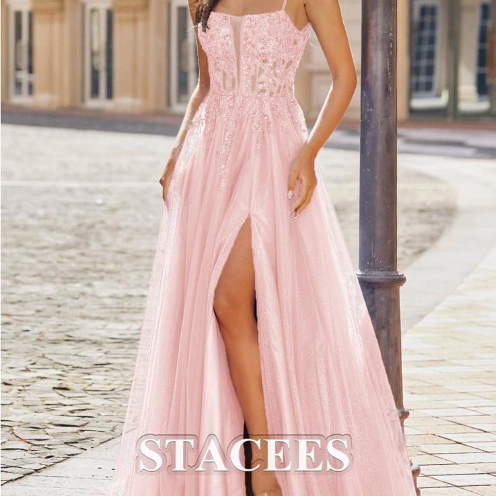 Pink Spaghetti Strap Bustier Prom Dress